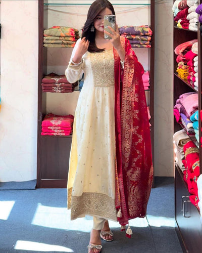 Jashn-E-Bahaaraa Golden Zari Banana Silk Anarkali Suit with Banarasi Dupatta