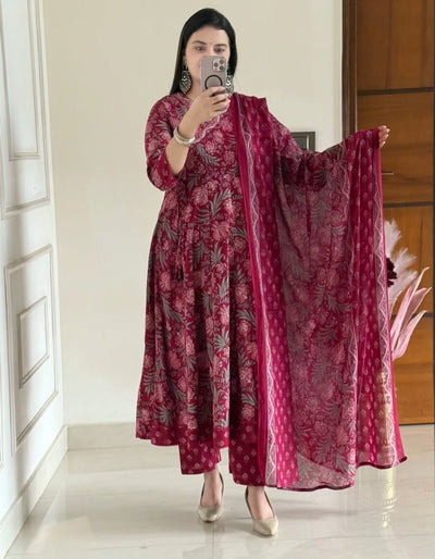 Premium Jaipuri Block Print Cotton Anarkali Suit Set with Katha Work