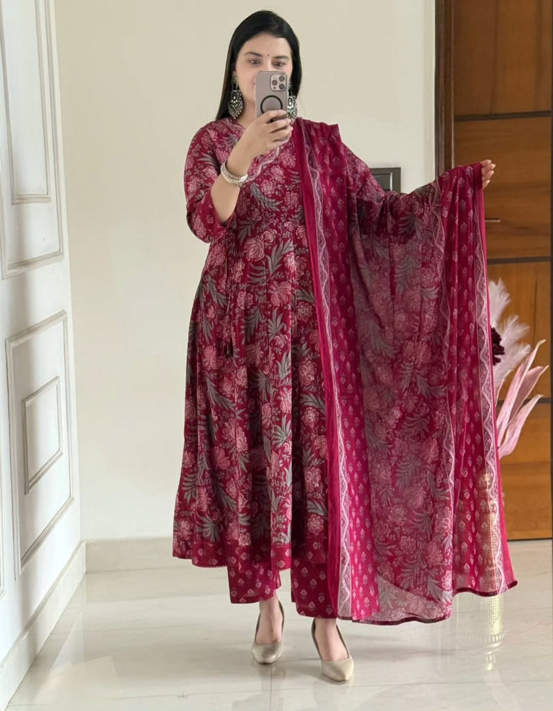 Premium Jaipuri Block Print Cotton Anarkali Suit Set with Katha Work