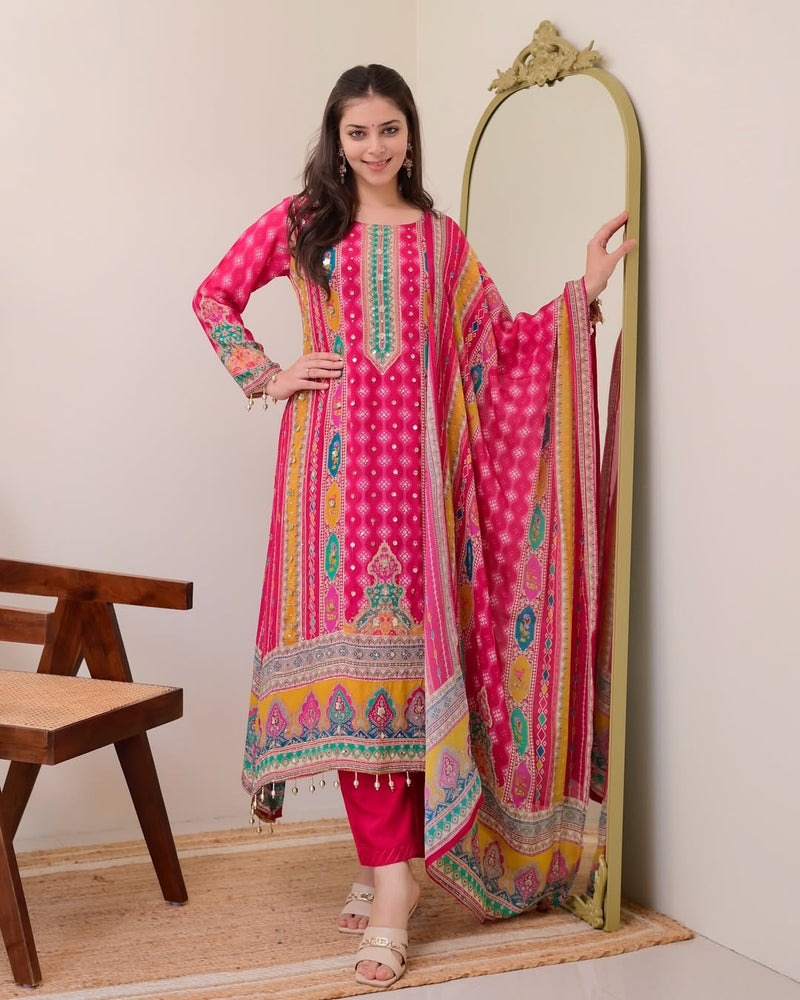 Premium Printed Pure Chinon Peplum Kurti & Palazzo Set