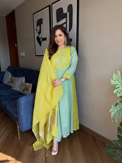 Premium Mint Green & Yellow Mul Chanderi Suit Set with Banarasi Dupatta