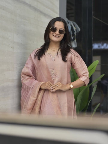 Premium Blush Pink Pure Banarasi Zari Jacquard Suit Set
