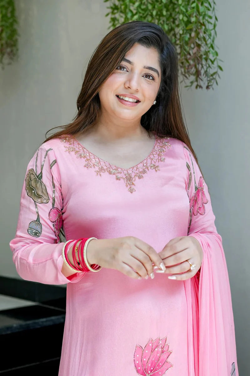 Baby Pink Lotus Embroidered Silk Blend Suit Set with Dupatta