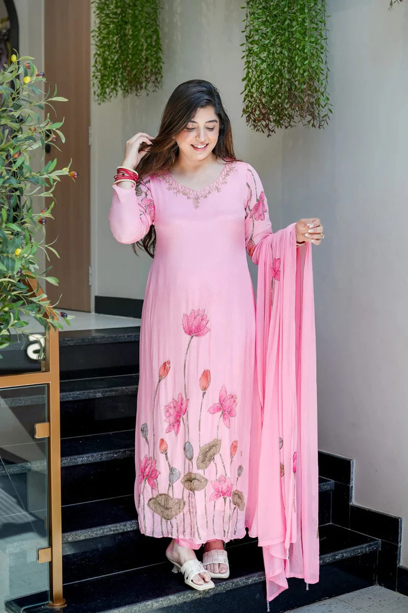 Baby Pink Lotus Embroidered Silk Blend Suit Set with Dupatta
