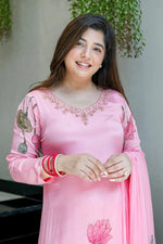 Baby Pink Lotus Embroidered Silk Blend Suit Set with Dupatta