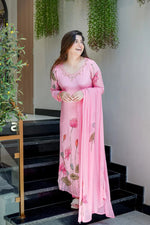 Baby Pink Lotus Embroidered Silk Blend Suit Set with Dupatta