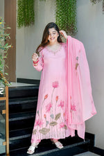 Baby Pink Lotus Embroidered Silk Blend Suit Set with Dupatta