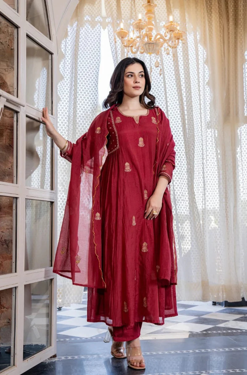 Deep Maroon Embroidered Flared Suit Set with Scalloped Dupatta