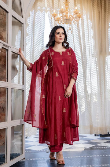 Deep Maroon Embroidered Flared Suit Set with Scalloped Dupatta