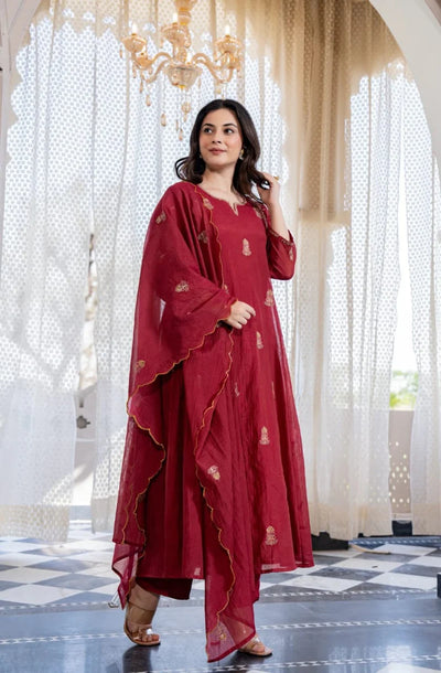 Deep Maroon Embroidered Flared Suit Set with Scalloped Dupatta