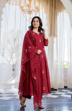 Deep Maroon Embroidered Flared Suit Set with Scalloped Dupatta