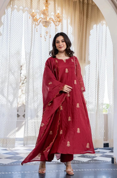Deep Maroon Embroidered Flared Suit Set with Scalloped Dupatta