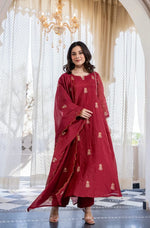 Deep Maroon Embroidered Flared Suit Set with Scalloped Dupatta