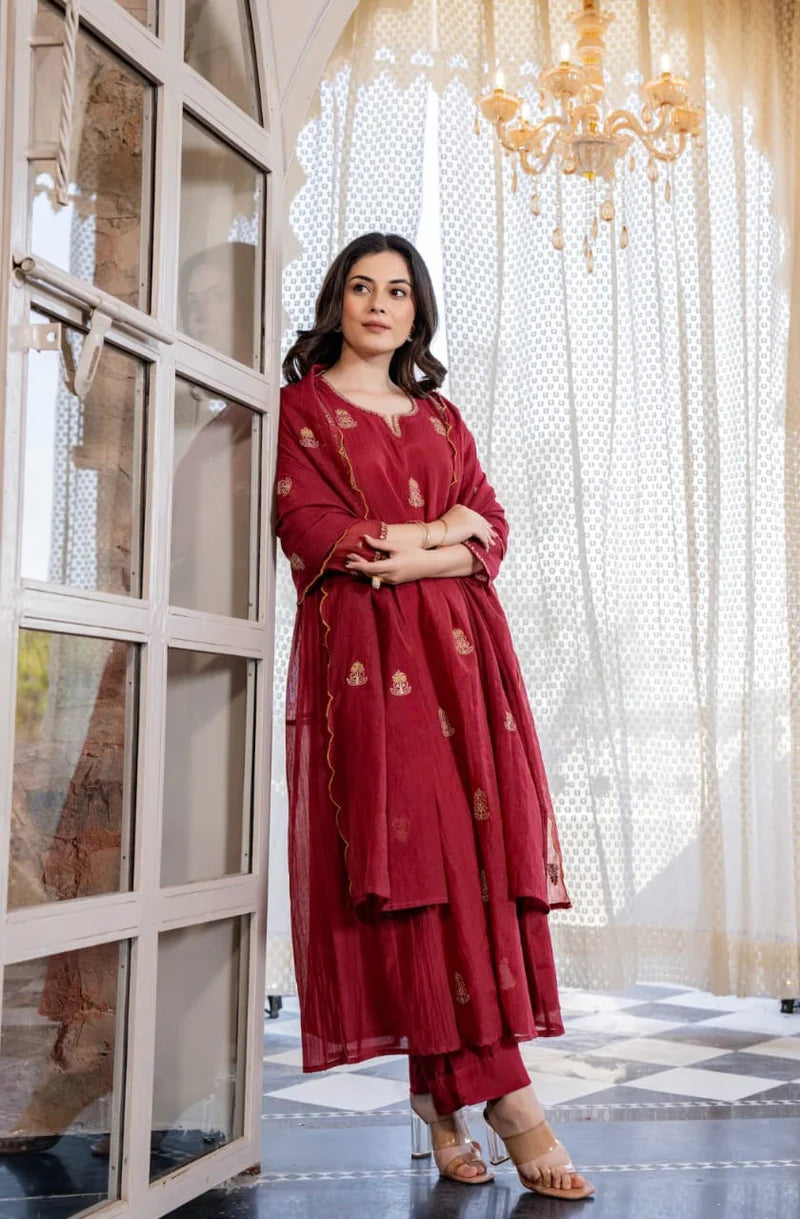Deep Maroon Embroidered Flared Suit Set with Scalloped Dupatta