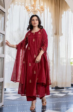 Deep Maroon Embroidered Flared Suit Set with Scalloped Dupatta