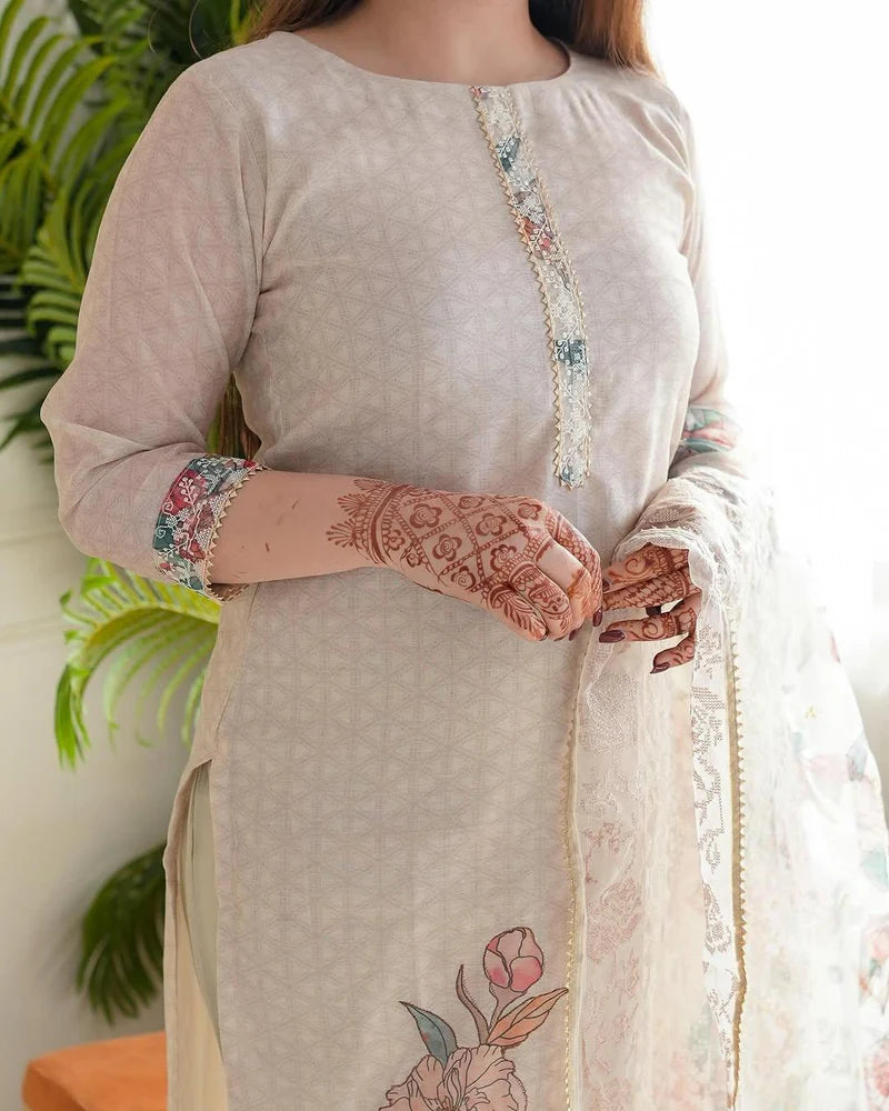 Beige Floral Printed Straight Suit Set with Lace Detailing