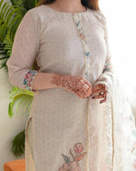 Beige Floral Printed Straight Suit Set with Lace Detailing