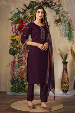 Rich Wine Embroidered Roman Silk Suit Set with Printed Chanderi Dupatta
