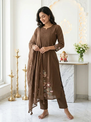 Premium Chocolate Brown Embroidered Cotton Blend Kurti & Pant Set with Dupatta