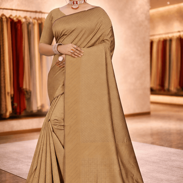 Full-length front pose showcasing the elegant drape and sheen of the antique gold minimalist saree