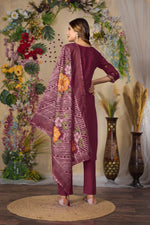 Deep cerise Embroidered Roman Silk Suit Set with Printed Chanderi Dupatta