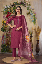 Deep cerise Embroidered Roman Silk Suit Set with Printed Chanderi Dupatta