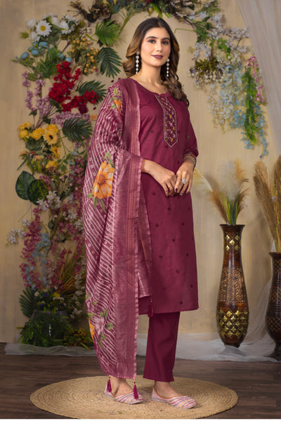 Deep cerise Embroidered Roman Silk Suit Set with Printed Chanderi Dupatta