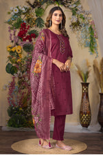 Deep cerise Embroidered Roman Silk Suit Set with Printed Chanderi Dupatta