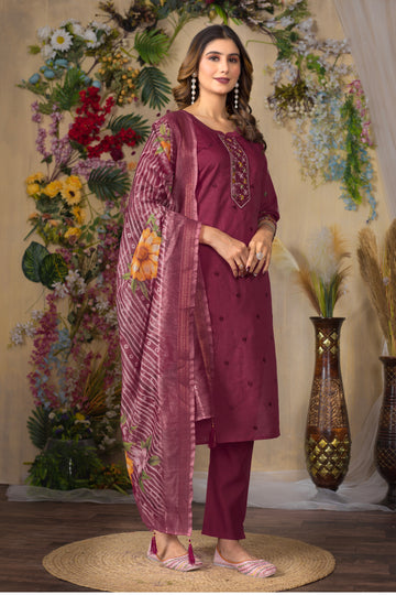 Deep cerise Embroidered Roman Silk Suit Set with Printed Chanderi Dupatta
