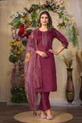 Deep cerise Embroidered Roman Silk Suit Set with Printed Chanderi Dupatta