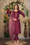 Deep cerise Embroidered Roman Silk Suit Set with Printed Chanderi Dupatta