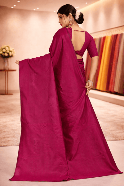 Back view showcasing the elegant fall and solid color blouse of the deep cherry ethnic saree