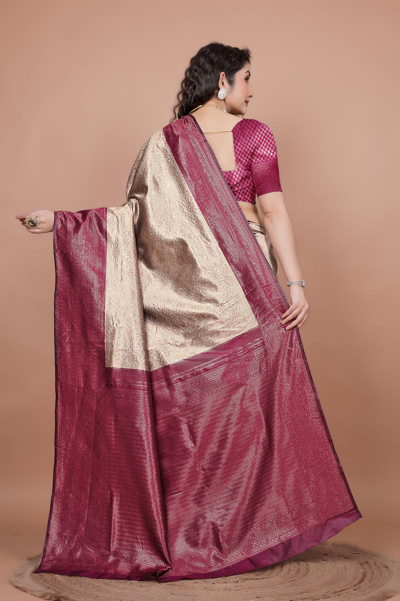 Back view of the saree drape and matching cherry patterned blouse