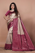 Chikoo and Cherry Woven Jacquard Silk Saree with Matching Blouse