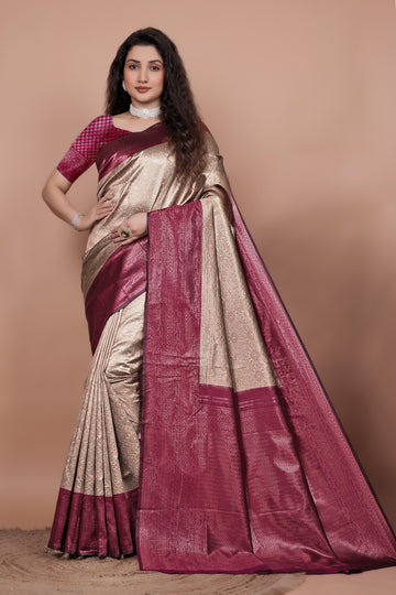 Chikoo and Cherry Woven Jacquard Silk Saree with Matching Blouse