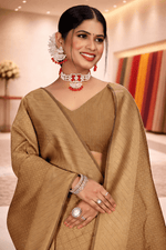 Close-up portrait of a woman wearing a dark chikoo solid silk saree with traditional statement jewelry