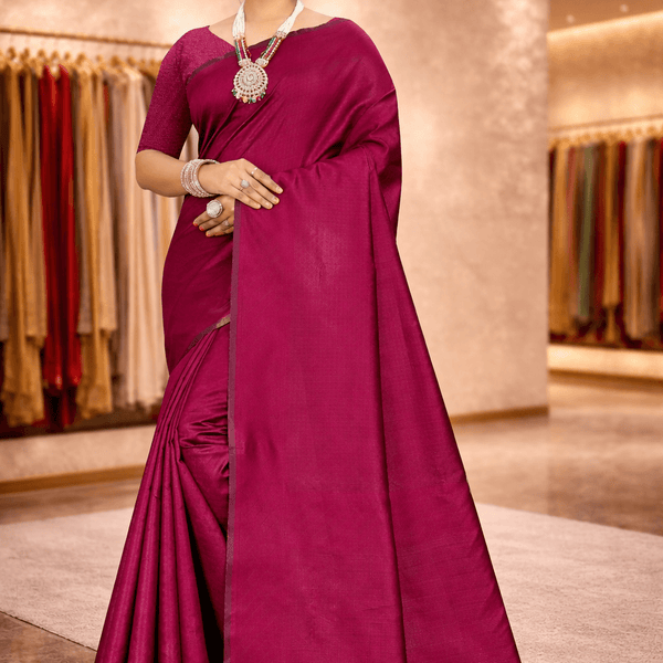 Front pose showing the graceful pleats and smooth texture of the minimalist cherry saree