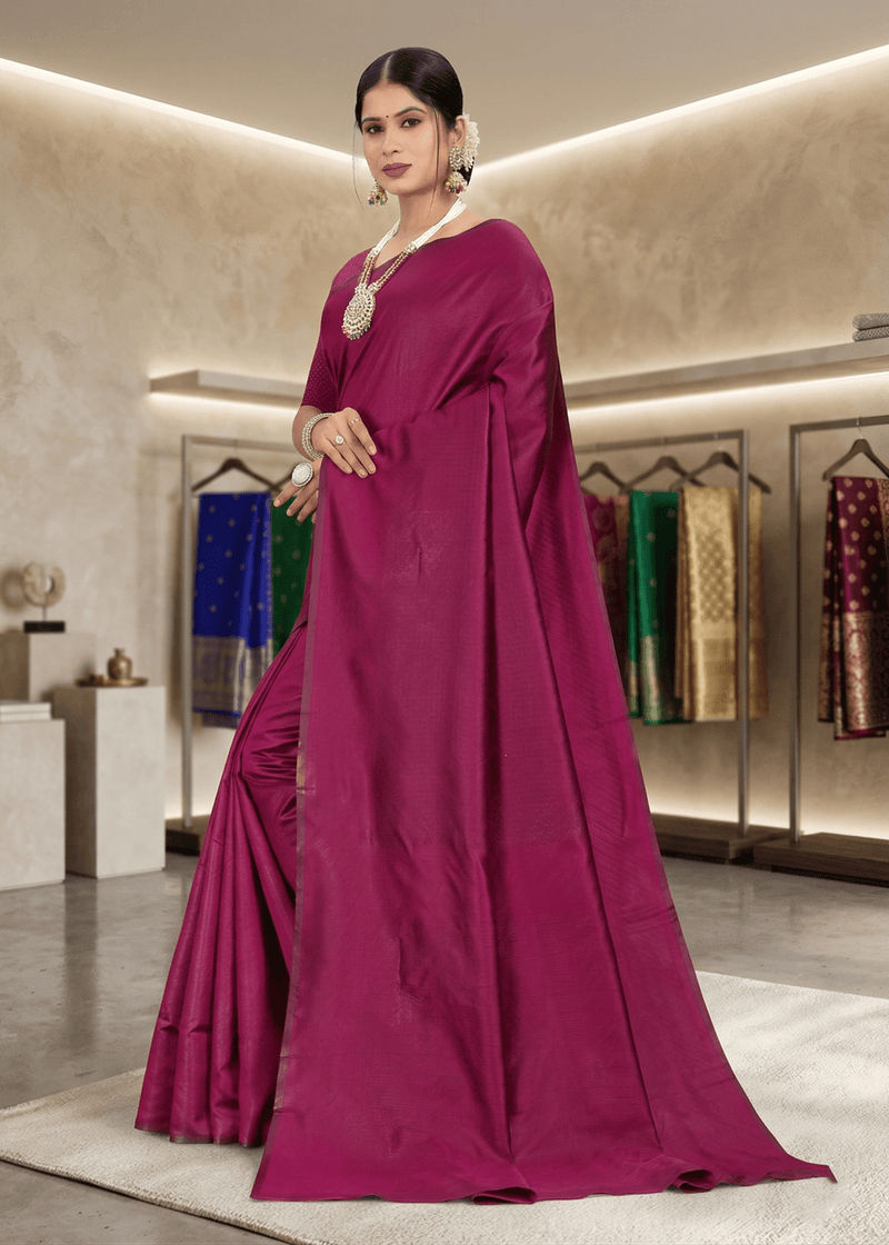 Full length view of a model elegantly draped in a deep cherry solid art silk saree
