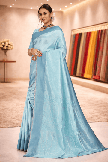 Firozi Blue Woven Jacquard Silk Saree with Matching Blouse