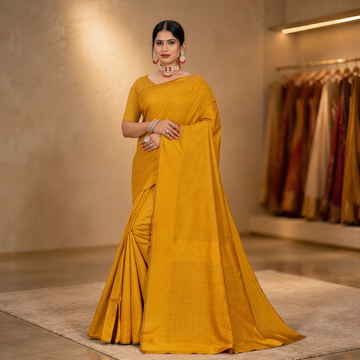 Gold Solid Banarasi Silk Saree with Matching Blouse