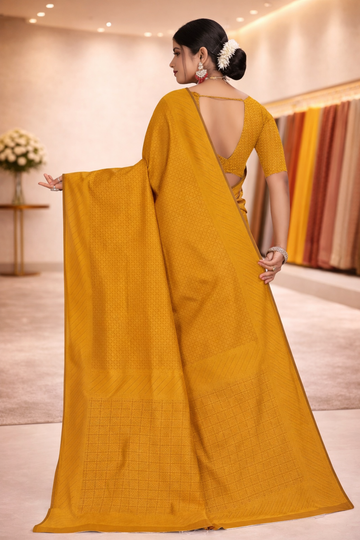 Gold Solid Banarasi Silk Saree with Matching Blouse