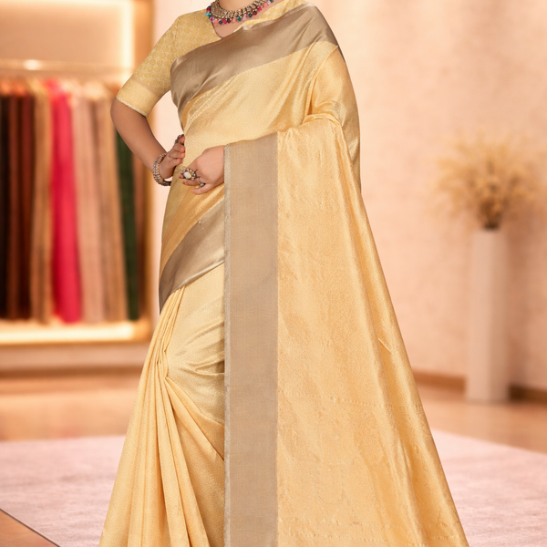 Model standing gracefully in a pastel light chikoo beige woven silk saree