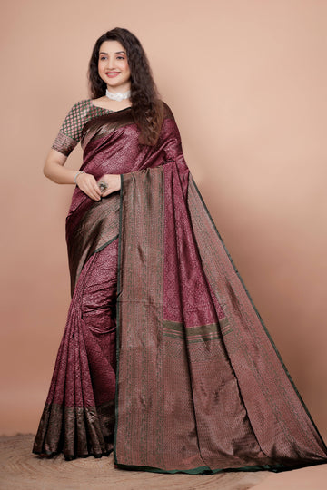 Maroon and Green Woven Jacquard Silk Saree with Matching Blouse