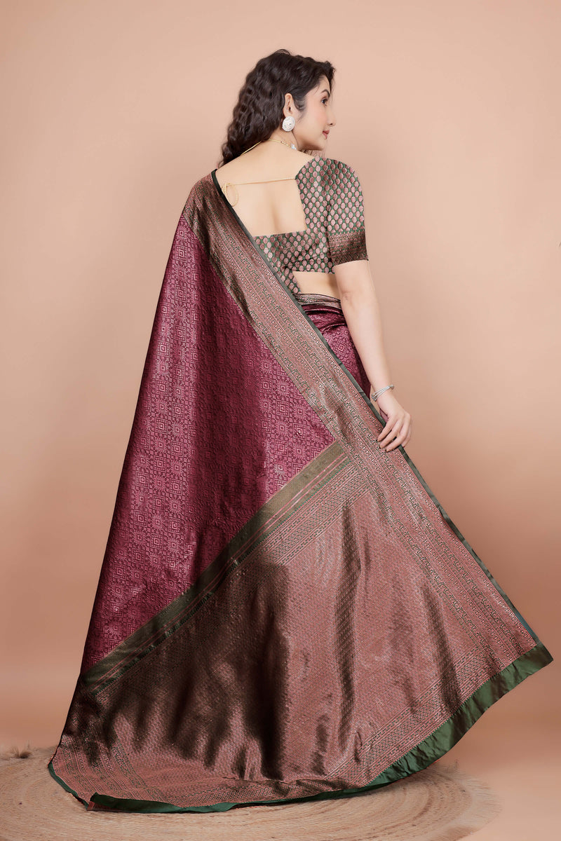Back view of green woven blouse design with maroon saree drape