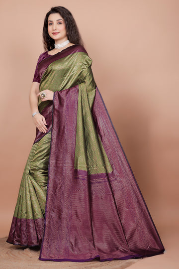 Mehndi and Cherry Woven Jacquard Silk Saree with Matching Blouse