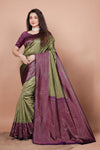 Mehndi and Cherry Woven Jacquard Silk Saree with Matching Blouse