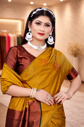 Elegant Mustard Yellow Silk Saree with Copper Zari Border & Green Edging