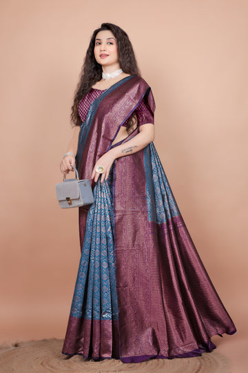 Peacock Blue and Wine Woven Jacquard Silk Saree with Matching Blouse