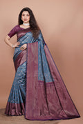 Peacock Blue and Wine Woven Jacquard Silk Saree with Matching Blouse