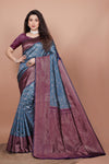 Peacock Blue and Wine Woven Jacquard Silk Saree with Matching Blouse